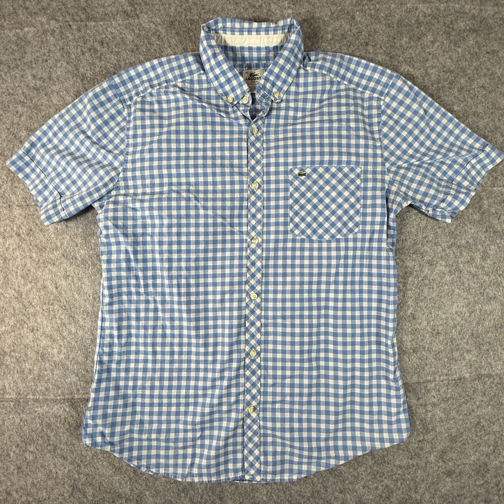 Lacoste Button Shirt Mens 40 Blue Gingham PLaid Slim Fit Short Sleeve Cotton - Picture 1 of 8